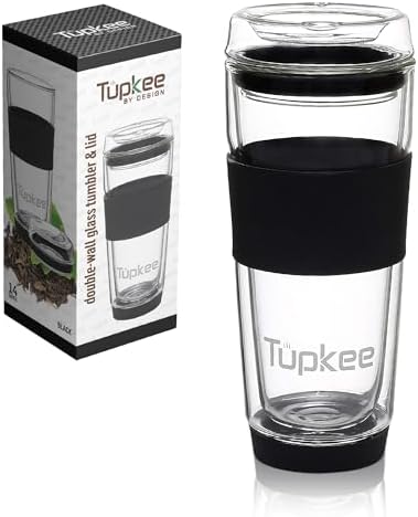 Double Wall Glass Tumbler, 14-Ounce Glass Travel Coffee Mug with Lid