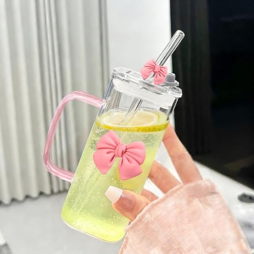 13Oz Square Glass Cups with Lids and Straws Cute Glass Tumbler with