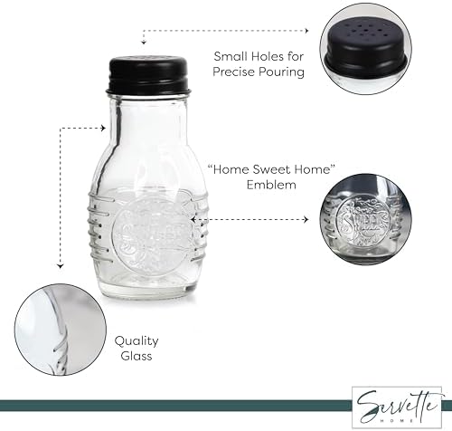 Home Sweet Home Salt and Pepper Shakers, 3 oz Glass Jars, Black Metal