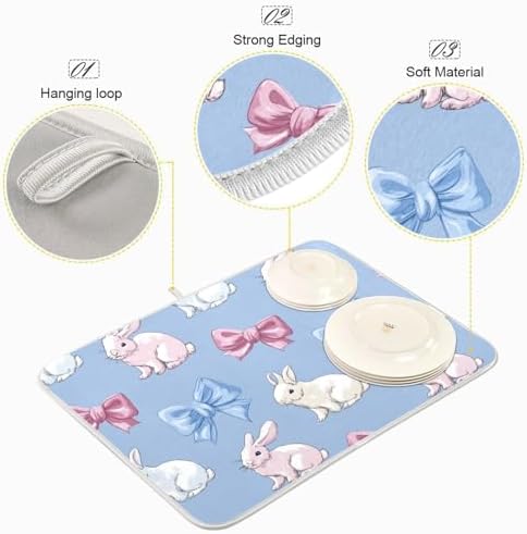 OTVEE Blue Bunny Art Dish Drying Mat for Kitchen Counter Absorbent