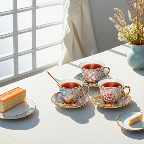 Tea Cups and Saucers Set of 6, 8 OZ Ceramic Tea Cups with Saucers