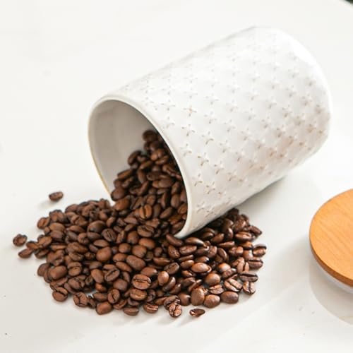 JOJUNO White Embossed Ceramic Canister 3 Piece with Airtight Bamboo