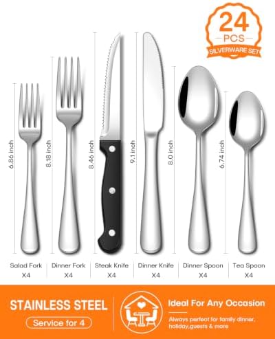 EUIRIO 24 Piece Silverware Set with Steak Knives Food Grade Stainless