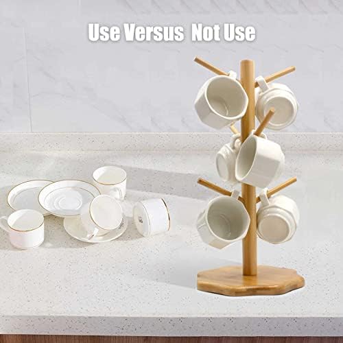 Bamboo Countertop Mug Tree Stand with 6 Hooks, Octagon Base Coffee Cup
