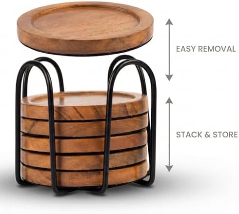 Acacia Wood Round Coasters Set of 6 with Holder – Absorbent Drink