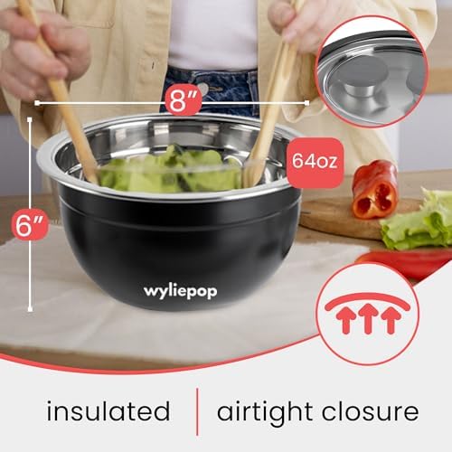 64oz Stainless Steel Salad Bowl Kit & 3Pcs Bamboo Cutlery Set with 2x