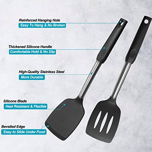 2 Pack Spatulas, Solid & Slotted Silicone Spatula Set, Stainless Steel