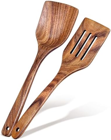 2Pcs Wooden Spatula, Acacia Solid & Slotted Turner Spatula Set, Long