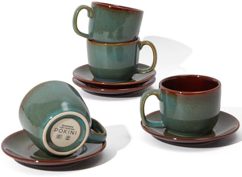Pokini Stoneware Coffee Cups with Saucers, Cappuccino Cups, Mugs Set
