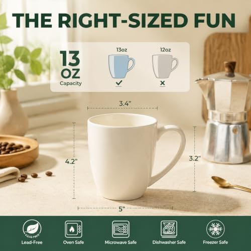 White Porcelain Coffee Mugs Set of 6, 13 Ounce Coffee Cups with