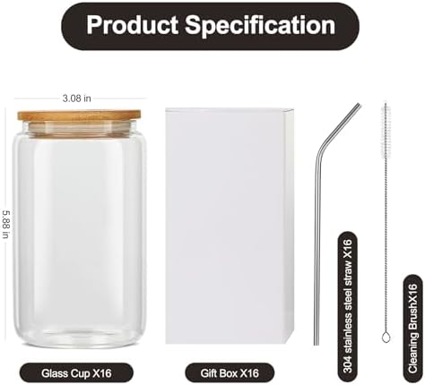 ASKIZ 16Pcs Glass Cups With Bamboo Lids and Straws,16Oz Ice Coffee