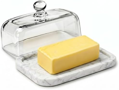White Marble Butter Dish with Glass Lid, 7.2 x 5 In