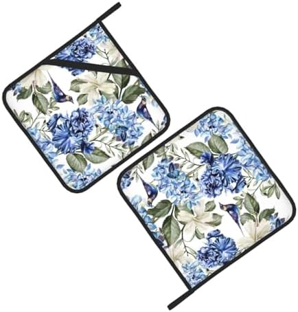 Blue Hydrangea Flower Bird Pot Holder Set, 2-Piece