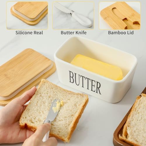 Hasense Porcelain Butter Dish with Bamboo Lid - Covered Butter Dish