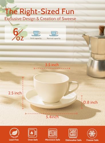 Sweese 6 Ounce Cappuccino Cups with Saucers, Porcelain Double Espresso