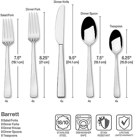 Mikasa Barrett 45-Piece Flatware Set, 18/10 Stainless Steel Silverware Set, Service for 8, Minimalist Square-Tip Handles, Dishwasher Safe