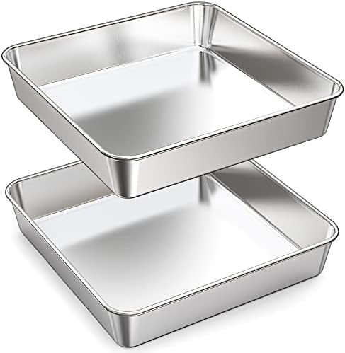 9 Inch Square Cake Pan Set of 2, Stainless Steel Baking Brownie Pan