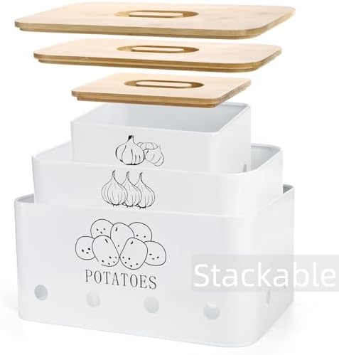 3 Pack Potato Onion Garlic Storage Set, Bamboo Lids