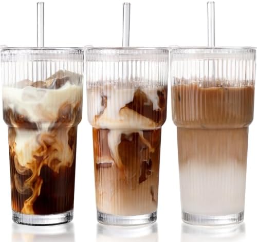 Iced Coffee Cups with Lids,Glass Cups with Lids and Straws,3 Coffee