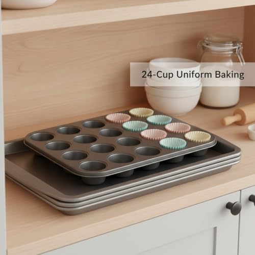 24-Cup Carbon Steel Muffin Pan, Heavy Duty Mini Cupcake Baking Tray