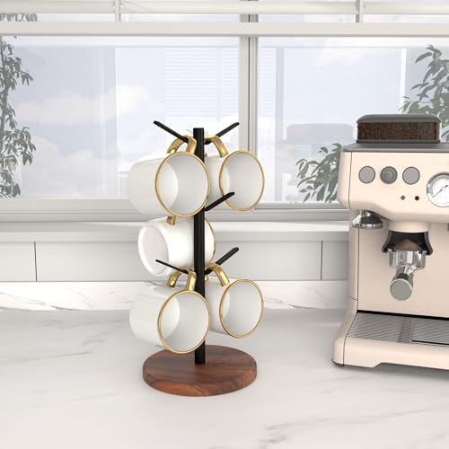 Coffee Mug Tree Holder Countertop, Non-Slip Walnut Wood Mug Rack with