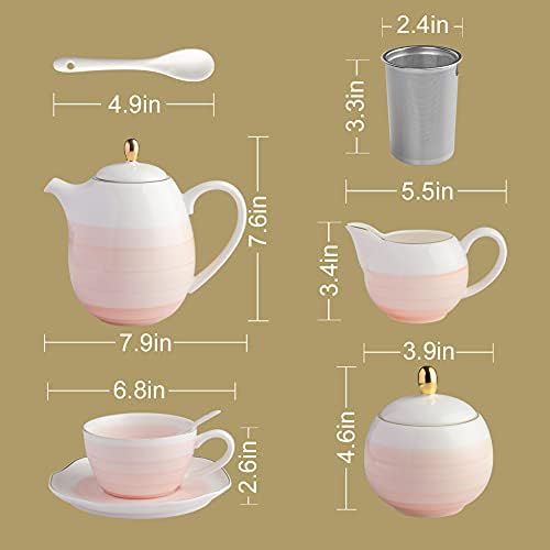 Sweejar Porcelain Tea Sets, 8 OZ Cups & Saucer Service for 4, Teapot