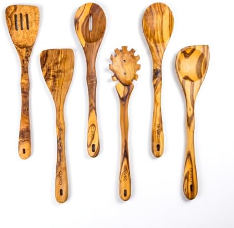 100% Olive Wood Handmade 6 Spoon Set - Wooden Kitchen Utensils