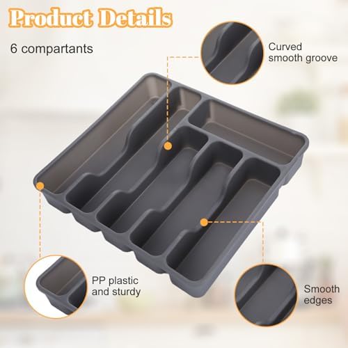 Gray Silverware Organizer with Lid, 6 Compartments