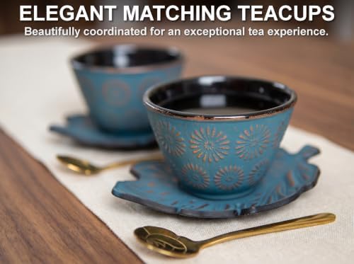 Blue Butterfly Cast Iron Tea Set, 2 Cups, 2 Saucers, Infuser & Trivet