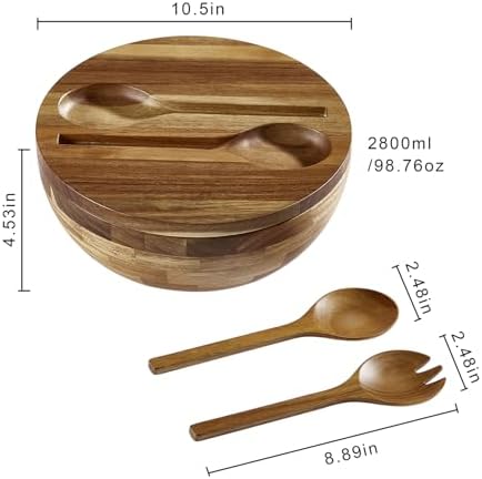 Acacia Wooden Salad Bowl with Lid, Built-in Acacia Wood Utensils