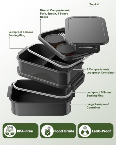 BiuLeon Adults Bento Lunch Box with Insulated Lunch Bag for Men Women