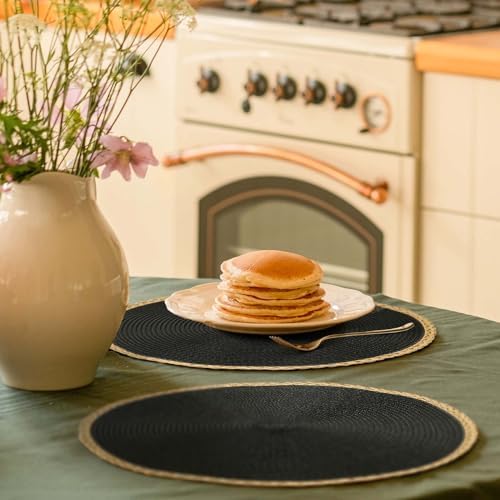 Round Placemats Set of 6, Woven Table Mats, Thin Edge, Black