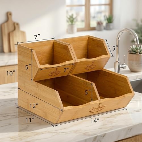 Stackable Bamboo Pantry Storage Bins, Potato Onion Storage Organizer