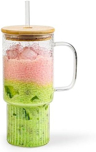 32oz Ribbed Borosilicate Glass Tumbler with Handle, Bamboo Lid and