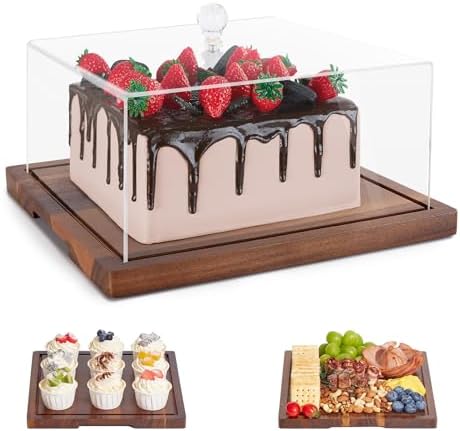 Acacia Wood Cake Stand with Lid,2-in-1 Cake Holder with Dome,Square