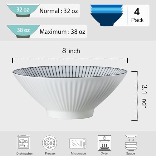 38 oz Japanese Ramen Bowls Set of 4, Large Pho Bowls, 8 Inch Ceramic