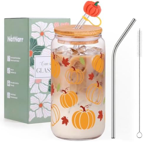 16 oz Fall Pumpkin Glass Cup With Lid & Straws Pumpkin Gifts for Women