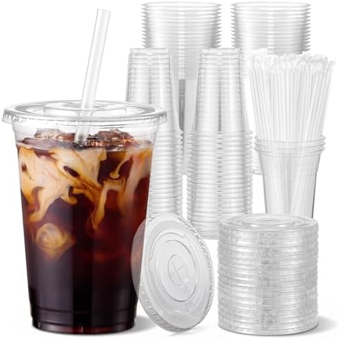 VITEVER 100 Sets - 12oz Clear Plastic Cups with Lids and Straws