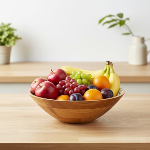 12.5" Large Wooden Salad Bowl with Servers, 3 Piece Wood Serving Bowl