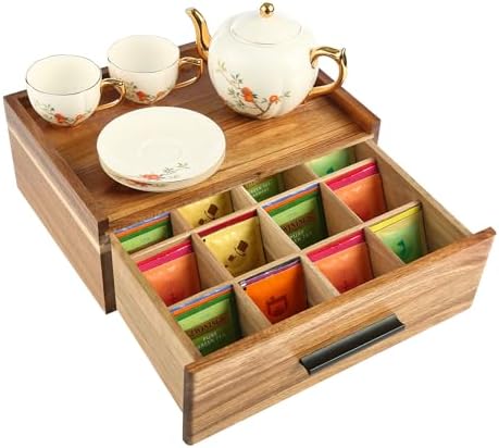Acacia Wood Tea Bag Organizer with Drawer - 12-Compartment Tea Storage