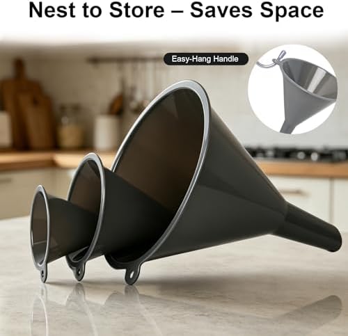 Kitchen Funnel Set of 3 with Cleaning Brush, Small to Large Sizes