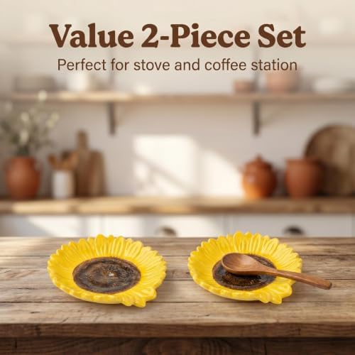Set of 2 Ceramic Sunflower Spoon Rests for Kitchen Counter & Stove Top