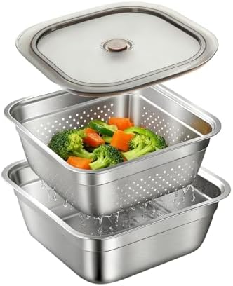 Stainless Steel Washing Up Bowl Set, Square Dish Tub with Colander&Lid, Multi-purpose Fruit Vegetable Washing Basin with Strainer for Sink, Kitchen Preparation, Wshing,Storage, 11in*4in