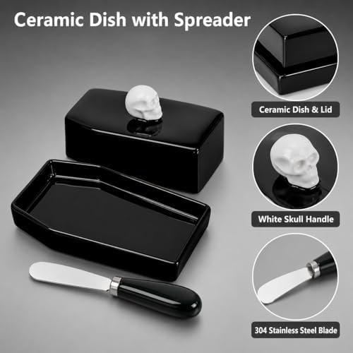 Skull Ceramic Butter Dish with Lid and Butter Spreader