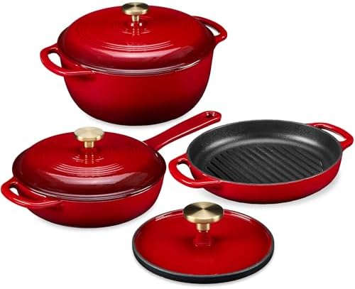 Best Choice Products 6-Piece Cast Iron Cookware Set, Ceramic Coated 6Qt Dutch Oven, 2Qt Skillet W/Lid, 10" Grill Pan W/Press, Non-toxic, Heavy Duty, Gas/Induction Compatible, PFAS Free - Red