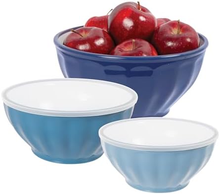 Oggi Set of 3 Ribbed Mixing Bowls with Lids - Nested Plastic Bowls for