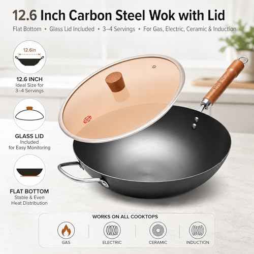 WANGYUANJI Carbon Steel Wok with Lid, 12.6 Inch Flat Bottom Chinese Wok
