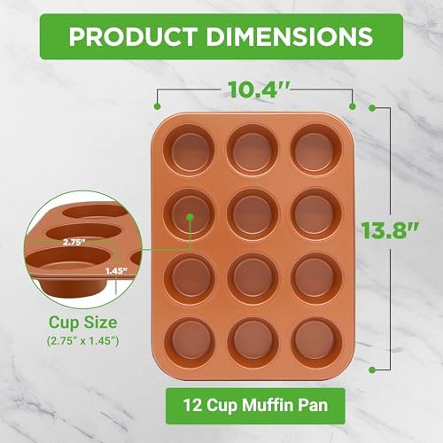 NutriChef 12-cup Copper Oven Muffin Pan, Non-Stick Coated Layer