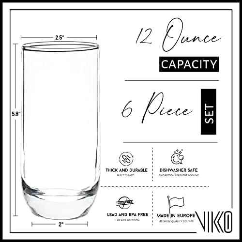 Vikko Drinking Glasses, 12 Oz Drinking Glasses Set of 6, Crystal Clear