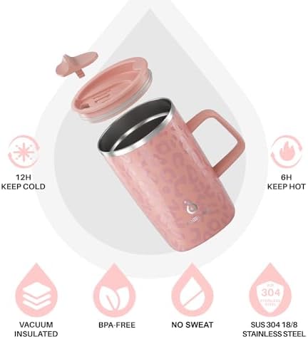 Ideus 16 oz Insulated Coffee Mug with Lid and Handle, Leopard Pink